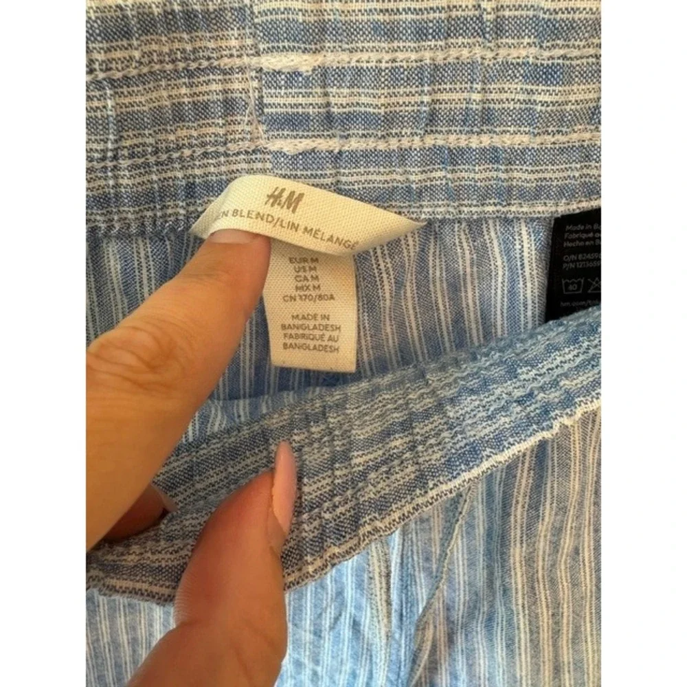 H&M Blue White Striped Linen Blend Drawstring Pull-On Pants